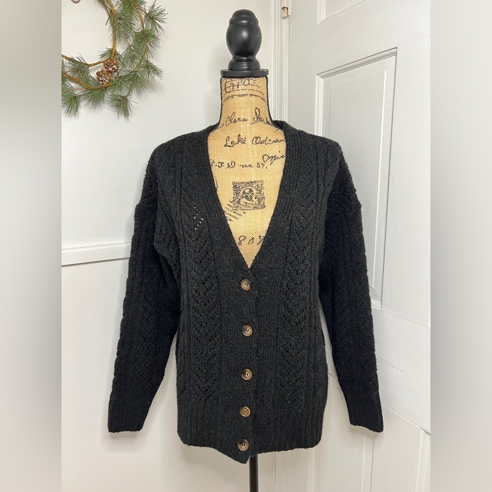 Anthropologie Black Classic Pointelle Cable Knit Cardigan Sweater